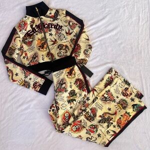 NEW Ed Hardy Shrunken Flashboard Multi Cropped Track Jacket Wide Leg Jogger Pant